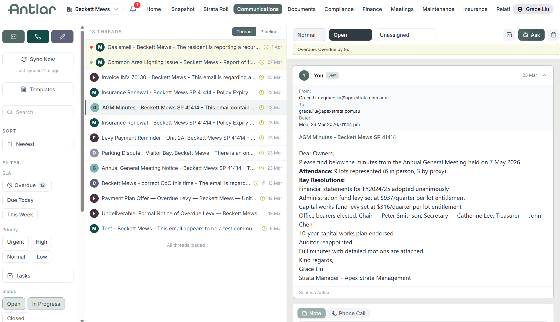 Antlar communications module showing email threads organised by scheme